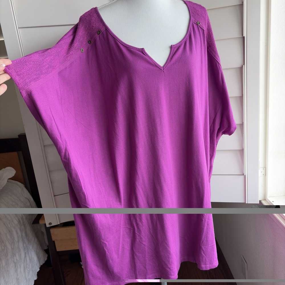 Woman Within 4X  Tunic Top Shirt Sleeve 100% Cotton Plus Magenta V Neck Grommet